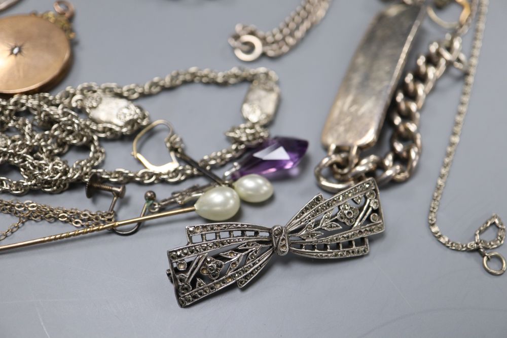 A Group of assorted marcasite jewellery including Art Deco necklace, two silver identity bracelets etc.